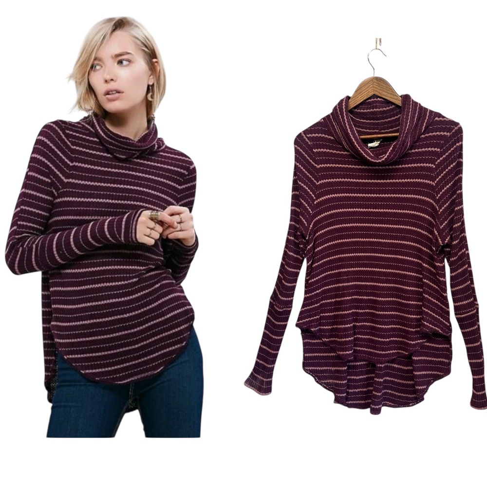 Free People Kristina Striped Cowl Neck Long Sleeve Waffle Knit Thermal Top Sz‎ M